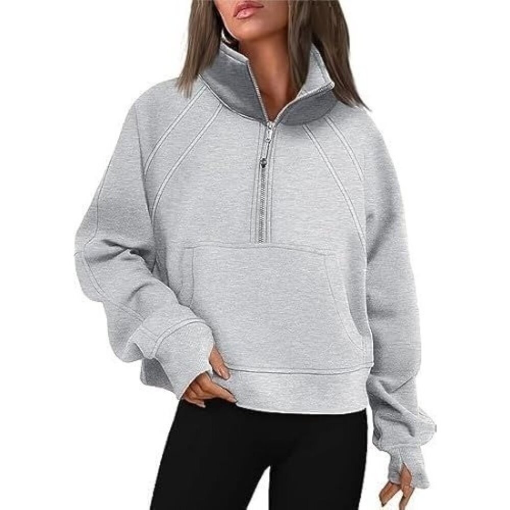 Women's Gray Athletic Quarter Zipper Cropped Pullover Sweatshirts Size Small